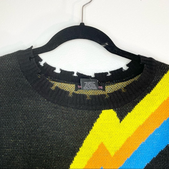 S, M, L NWT DISTRESSED BLACK YELLOW ORANGE BLUE CREW NECK SWEATER - Picture 2 of 8